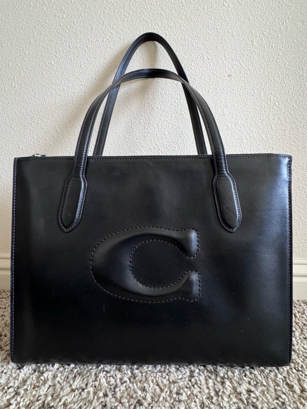 Coach Black Leather Tote with Embossed C Logo